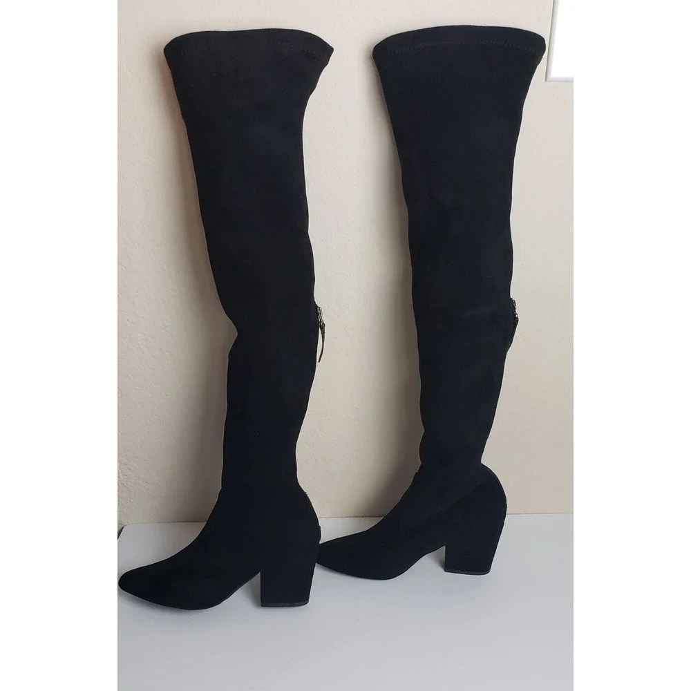 Black Faux Suede Over The Knee Stretch Boots Pointed Toe Block Heel 41 Goth Fall